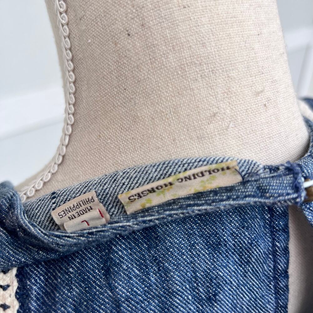 Holding Horses Denim Linen Blend Dress L Boho Cottagecore Anthropologie - Picture 7 of 8